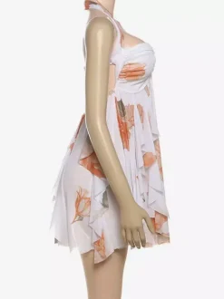 Starfish Halter Neck Mini Dress for Women - Fairycore Ruched Ruffle Hem Chiffon Flowy Party Dress - Summer Beach 2026