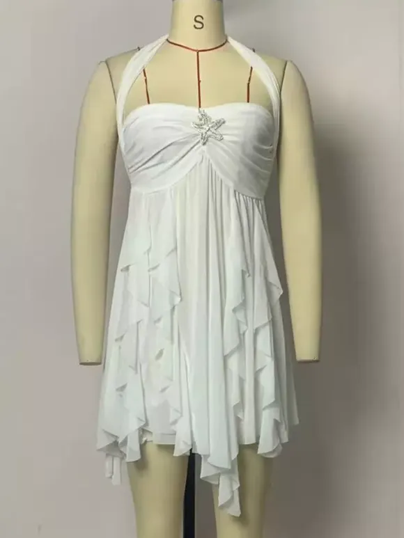Starfish Halter Neck Mini Dress for Women - Fairycore Ruched Ruffle Hem Chiffon Flowy Party Dress - Summer Beach 2026