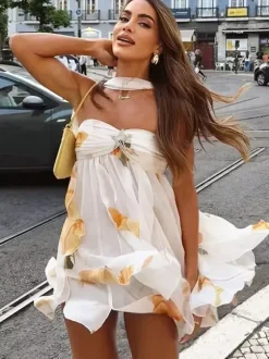 Starfish Halter Neck Mini Dress for Women - Fairycore Ruched Ruffle Hem Chiffon Flowy Party Dress - Summer Beach 2026