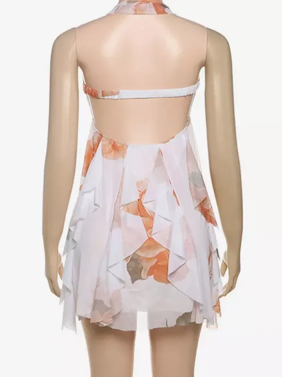 Starfish Halter Neck Mini Dress for Women - Fairycore Ruched Ruffle Hem Chiffon Flowy Party Dress - Summer Beach 2026