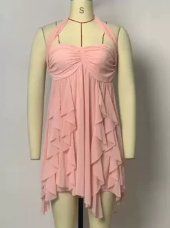 Starfish Halter Neck Mini Dress for Women - Fairycore Ruched Ruffle Hem Chiffon Flowy Party Dress - Summer Beach 2026
