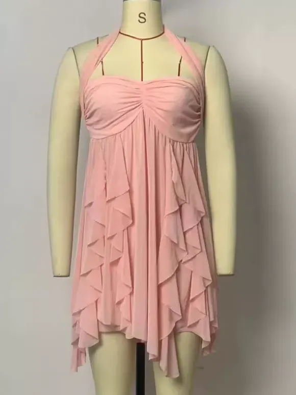 Starfish Halter Neck Mini Dress for Women - Fairycore Ruched Ruffle Hem Chiffon Flowy Party Dress - Summer Beach 2026