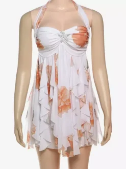 Starfish Halter Neck Mini Dress for Women - Fairycore Ruched Ruffle Hem Chiffon Flowy Party Dress - Summer Beach 2026