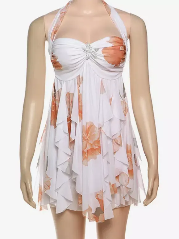 Starfish Halter Neck Mini Dress for Women - Fairycore Ruched Ruffle Hem Chiffon Flowy Party Dress - Summer Beach 2026