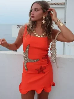 Starfish Sequin Mini Dress for Women - Sexy Sleeveless Scoop Neck Slim Fit Sheath Sundress - Summer Beach Resort 2026