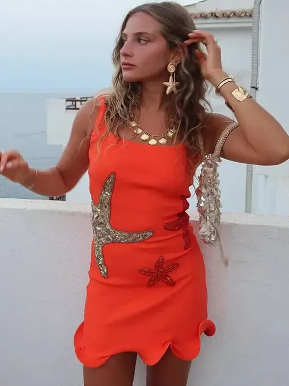 Starfish Sequin Mini Dress for Women - Sexy Sleeveless Scoop Neck Slim Fit Sheath Sundress - Summer Beach Resort 2026