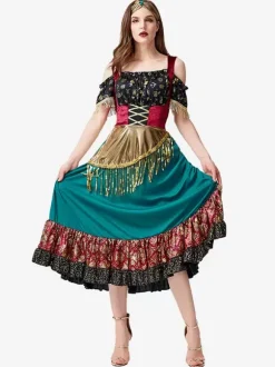 Starlight Gypsy Costumes Green Sexy Dress Floral Print Set Holidays Costumes