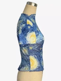 Starry Night Oil Painting Print Mock Neck Mesh Short Sleeve Top For Women 2026