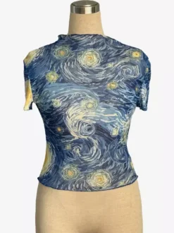 Starry Night Oil Painting Print Mock Neck Mesh Short Sleeve Top For Women 2026