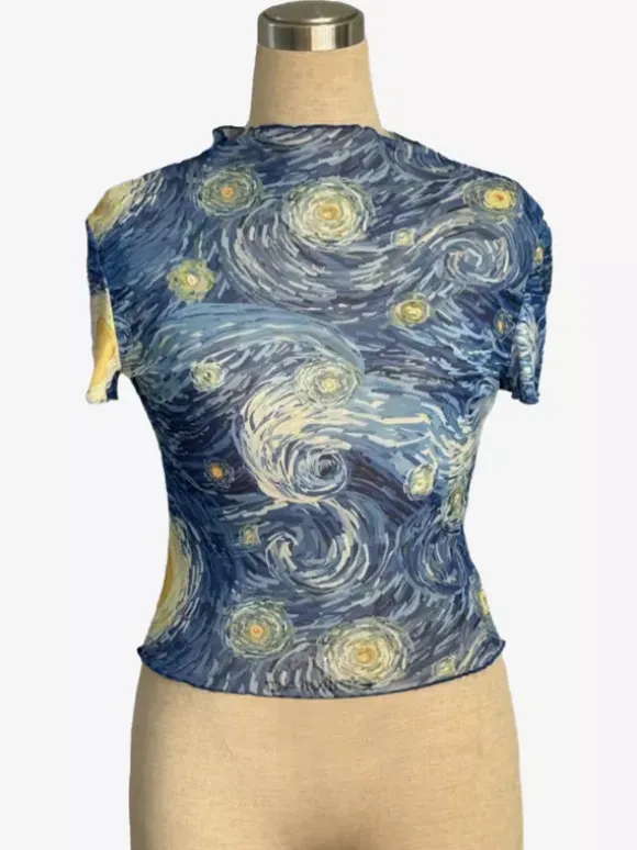 Starry Night Oil Painting Print Mock Neck Mesh Short Sleeve Top For Women 2026
