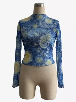 Starry Night Art Print Mock Neck Lettuce Trim Mesh Slim Top For Women 2026