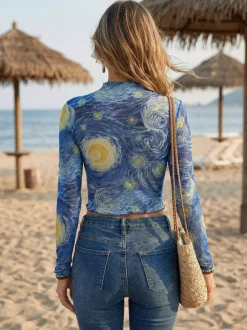 Starry Night Art Print Mock Neck Lettuce Trim Mesh Slim Top For Women 2026