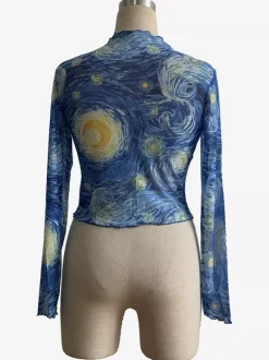 Starry Night Art Print Mock Neck Lettuce Trim Mesh Slim Top For Women 2026