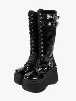 Steampunk Lolita Boots Black Square Toe PU Leather Lolita Footwear
