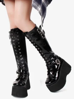 Steampunk Lolita Boots Black Square Toe PU Leather Lolita Footwear