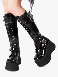 Steampunk Lolita Boots Black Square Toe PU Leather Lolita Footwear