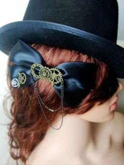 Steampunk Lolita Hair Clip Satin Bow Metallic Chain Black Lolita Hair Accessory