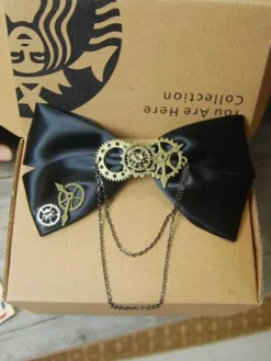 Steampunk Lolita Hair Clip Satin Bow Metallic Chain Black Lolita Hair Accessory