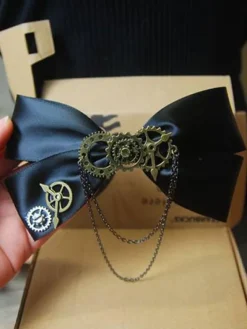 Steampunk Lolita Hair Clip Satin Bow Metallic Chain Black Lolita Hair Accessory