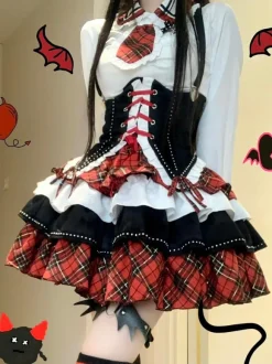 Steampunk Lolita Outfits Red Plaid Lace Up Ruffles Long Sleeves  Skirt