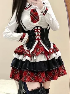 Steampunk Lolita Outfits Red Plaid Lace Up Ruffles Long Sleeves  Skirt