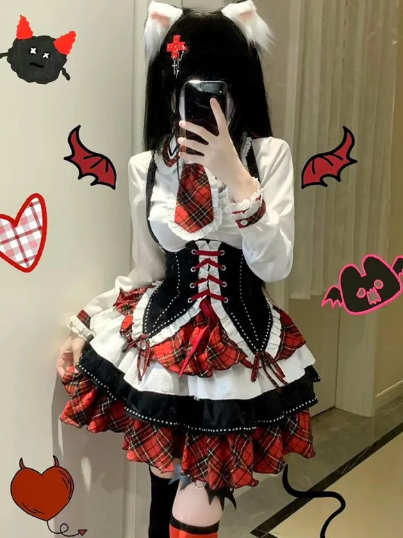 Steampunk Lolita Outfits Red Plaid Lace Up Ruffles Long Sleeves Skirt