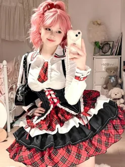 Steampunk Lolita Outfits Red Plaid Lace Up Ruffles Long Sleeves Skirt