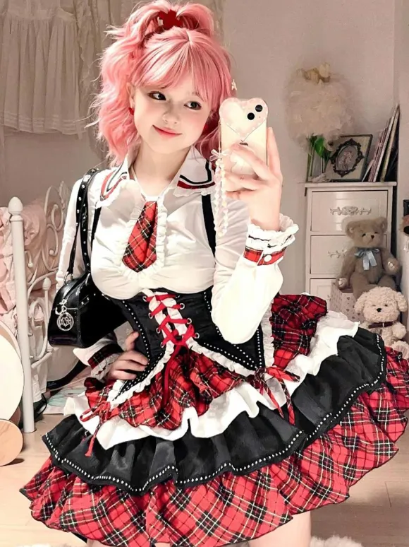 Steampunk Lolita Outfits Red Plaid Lace Up Ruffles Long Sleeves Skirt