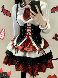 Steampunk Lolita Outfits Red Plaid Lace Up Ruffles Long Sleeves Skirt