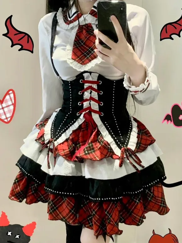 Steampunk Lolita Outfits Red Plaid Lace Up Ruffles Long Sleeves Skirt