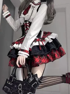 Steampunk Lolita Outfits Red Plaid Lace Up Ruffles Long Sleeves Skirt
