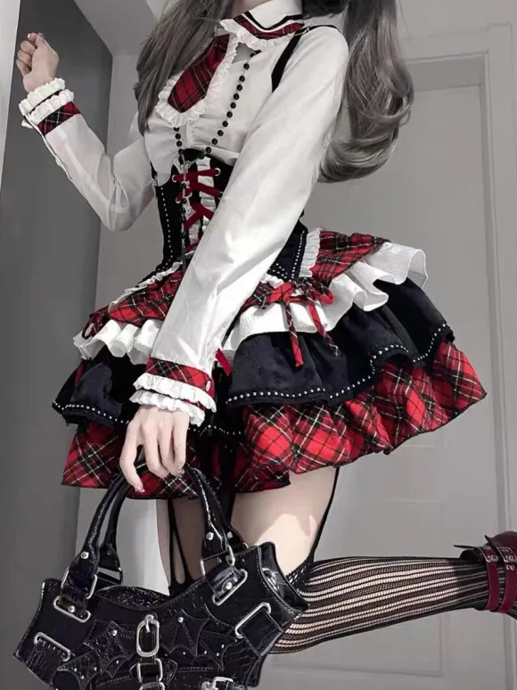 Steampunk Lolita Outfits Red Plaid Lace Up Ruffles Long Sleeves Skirt