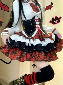 Steampunk Lolita Outfits Red Plaid Lace Up Ruffles Long Sleeves Skirt