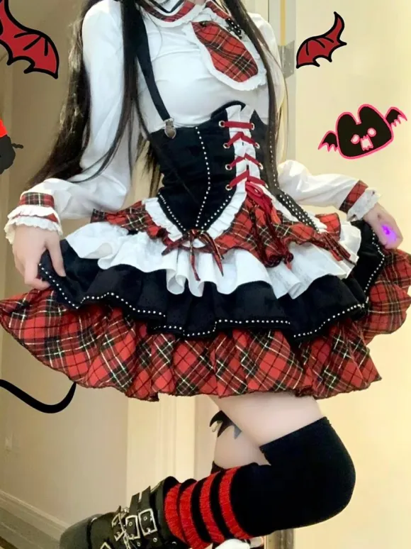 Steampunk Lolita Outfits Red Plaid Lace Up Ruffles Long Sleeves Skirt