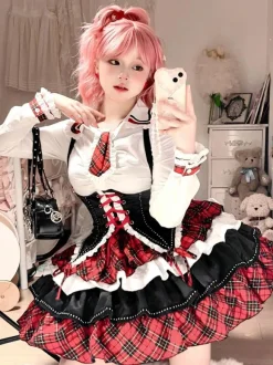 Steampunk Lolita Outfits Red Plaid Lace Up Ruffles Long Sleeves Skirt