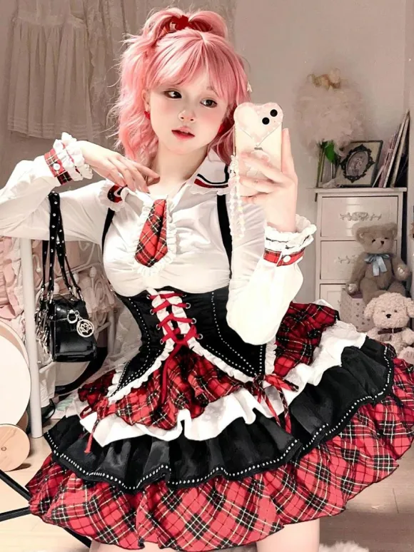 Steampunk Lolita Outfits Red Plaid Lace Up Ruffles Long Sleeves Skirt
