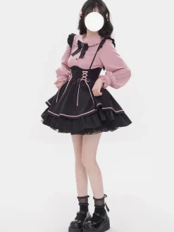 Steampunk Lolita Outfits Light Sky Blue Lace Up Ruffles Long Sleeves Blouse Skirt