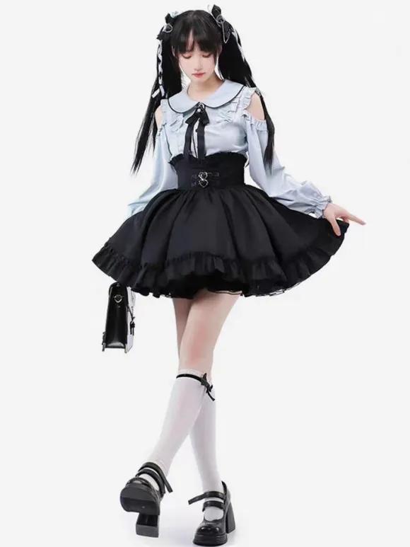 Steampunk Lolita Outfits Light Sky Blue Lace Up Ruffles Long Sleeves Blouse Skirt