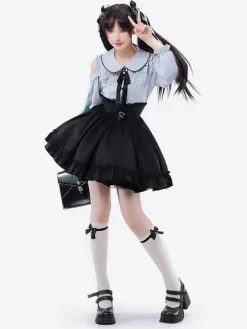 Steampunk Lolita Outfits Light Sky Blue Lace Up Ruffles Long Sleeves Blouse Skirt
