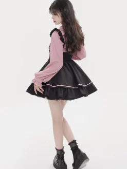 Steampunk Lolita Outfits Light Sky Blue Lace Up Ruffles Long Sleeves Blouse Skirt