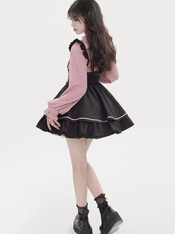Steampunk Lolita Outfits Light Sky Blue Lace Up Ruffles Long Sleeves Blouse Skirt