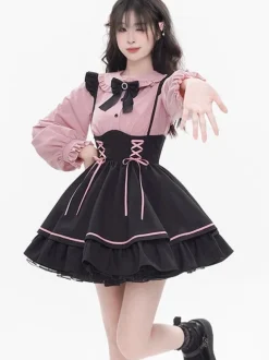Steampunk Lolita Outfits Light Sky Blue Lace Up Ruffles Long Sleeves Blouse Skirt