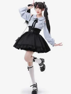 Steampunk Lolita Outfits Light Sky Blue Lace Up Ruffles Long Sleeves Blouse Skirt
