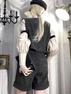 Steampunk Lolita Outfits Gray Sleeveless Pants College Uniform Vest Suit