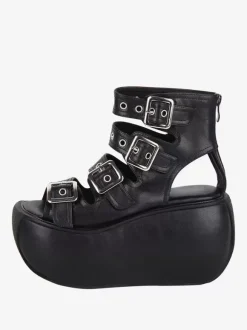 Steampunk Lolita Sandals Black Grommets Metallic PU Leather Peep Toe Lolita Summer Shoes