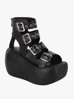 Steampunk Lolita Sandals Black Grommets Metallic PU Leather Peep Toe Lolita Summer Shoes