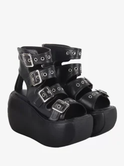 Steampunk Lolita Sandals Black Grommets Metallic PU Leather Peep Toe Lolita Summer Shoes