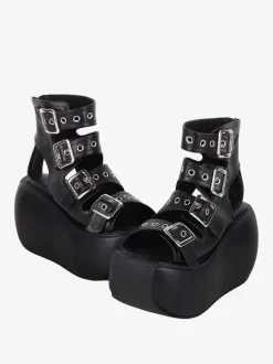 Steampunk Lolita Sandals Black Grommets Metallic PU Leather Peep Toe Lolita Summer Shoes