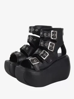 Steampunk Lolita Sandals Black Grommets Metallic PU Leather Peep Toe Lolita Summer Shoes