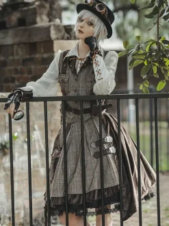 Steampunk Lolita SK 2-Piece Set Infanta Coffee Brown Metal Details Cotton Blend Velour Lolita Overskirt Outfits